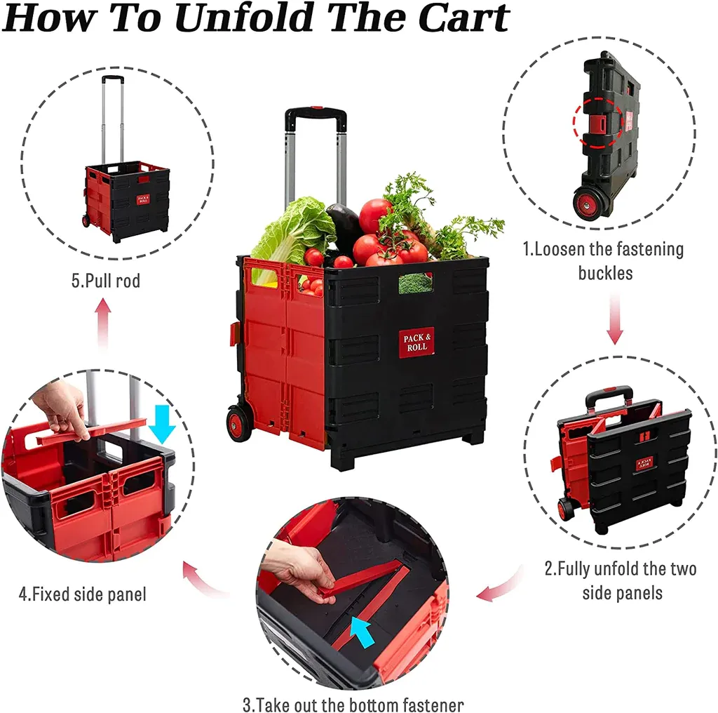 56L Large Folding Rolling Utility Shopping Cart, Black &