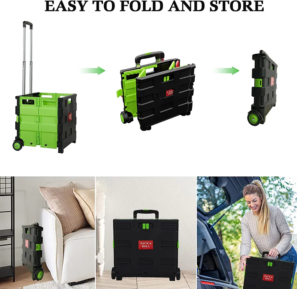 56L Large Folding Rolling Utility Shopping Cart, Black &
