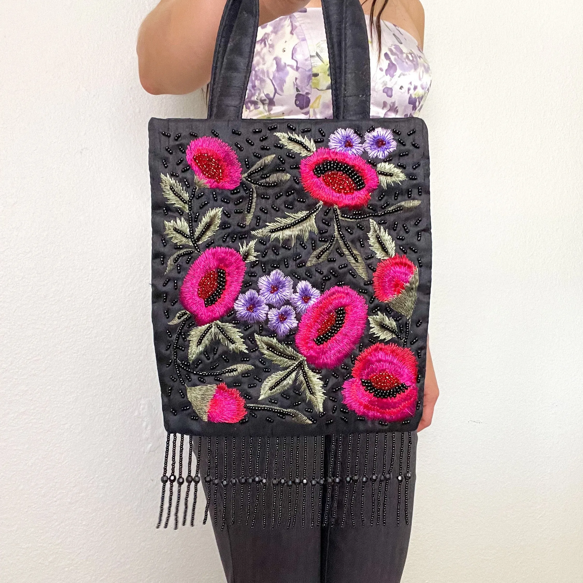 Black Floral Embroidered Fringe Mini Purse