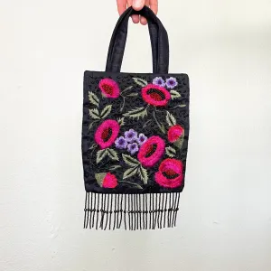 Black Floral Embroidered Fringe Mini Purse