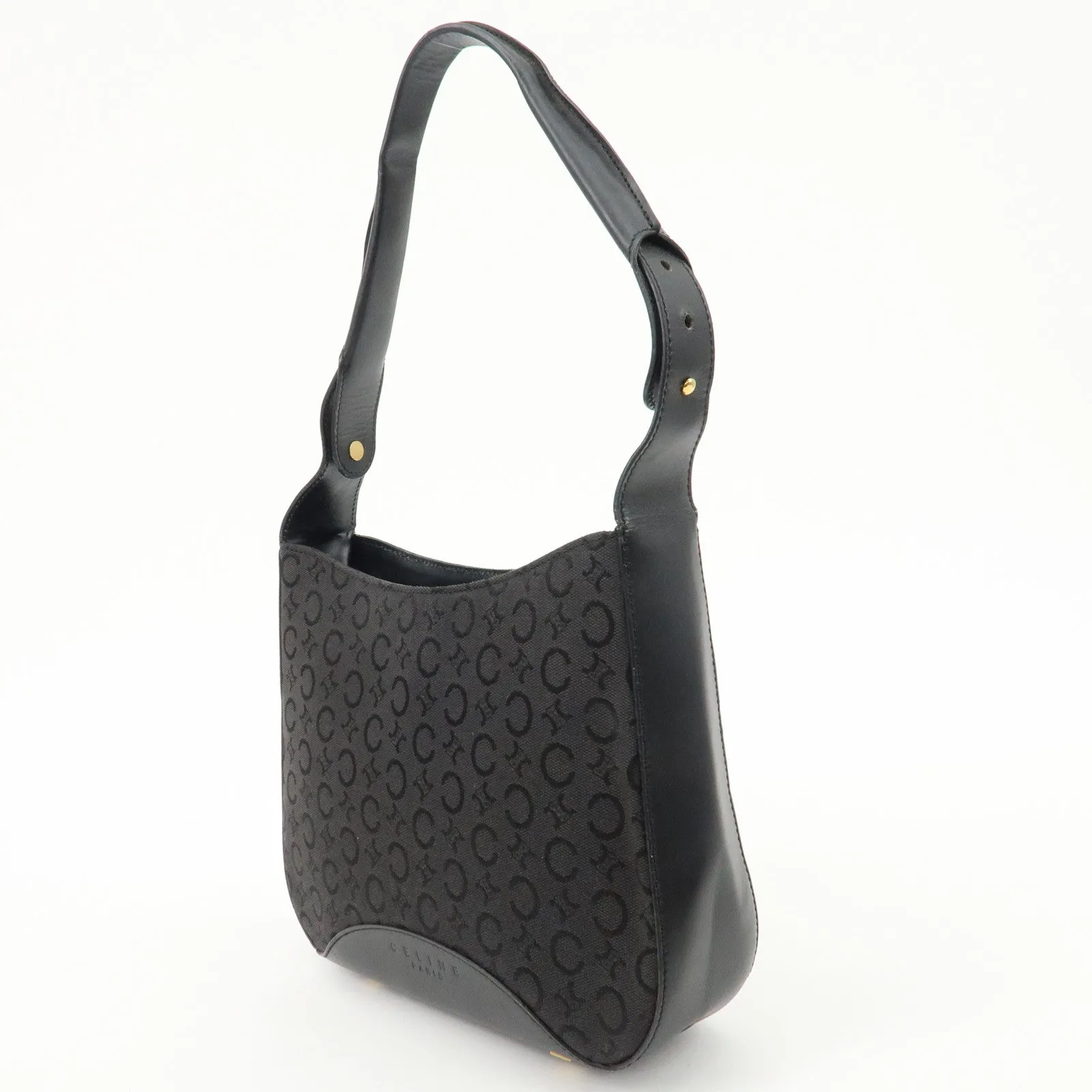CELINE C Macadam Canvas Leather One Shoulder Bag Black Gold HDW Used