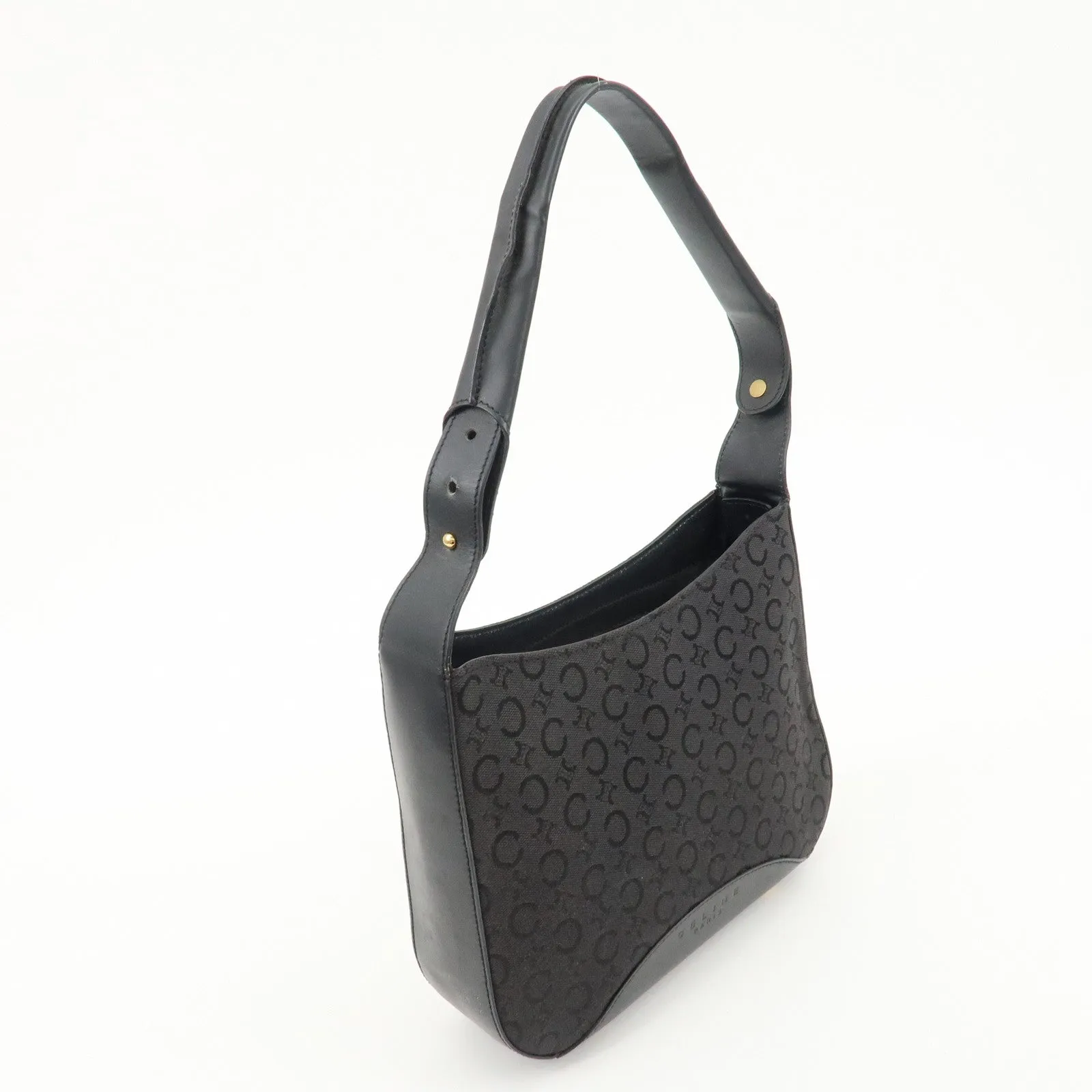 CELINE C Macadam Canvas Leather One Shoulder Bag Black Gold HDW Used