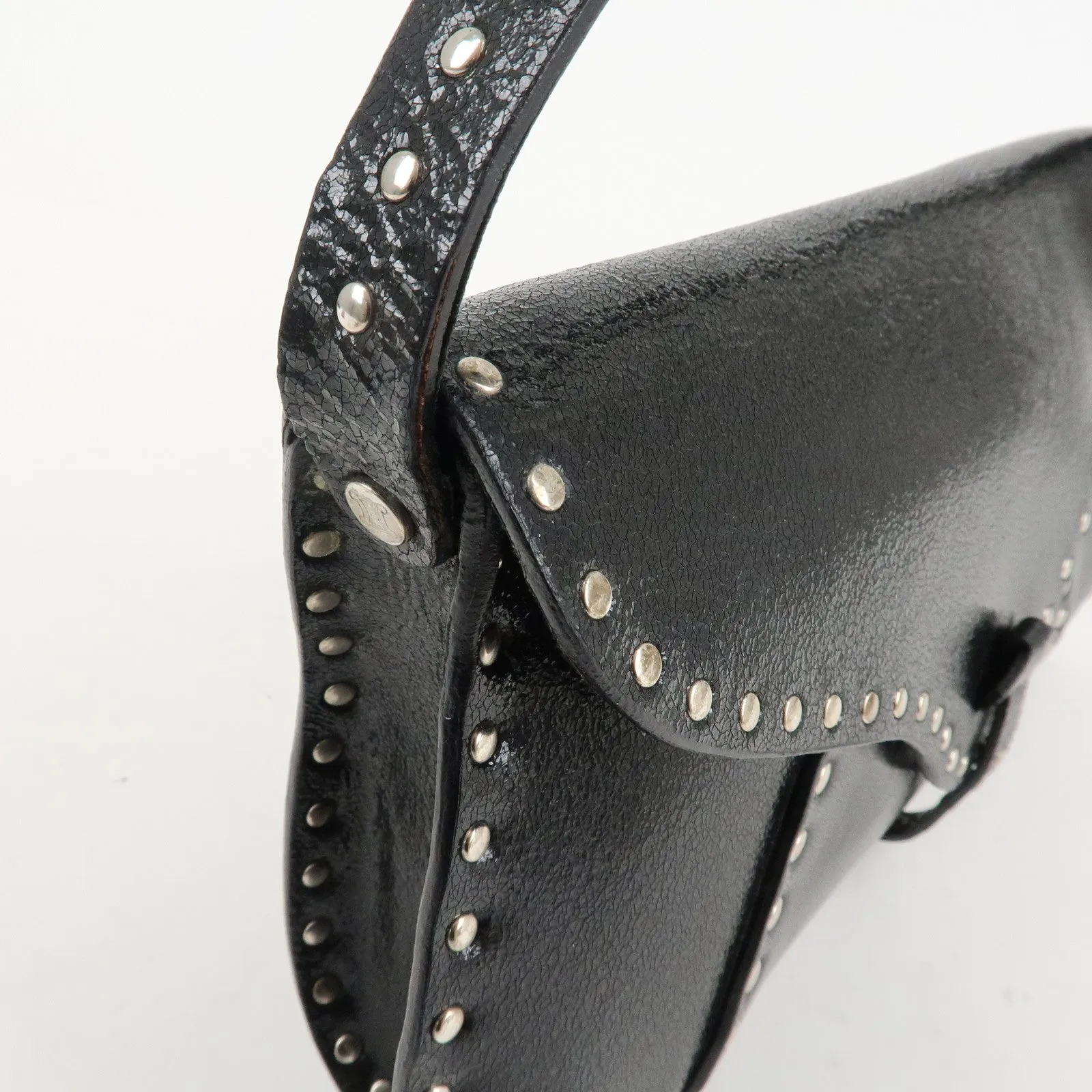 CELINE Leather Studs Shoulder Bag Hand Bag Black Silver HDW Used