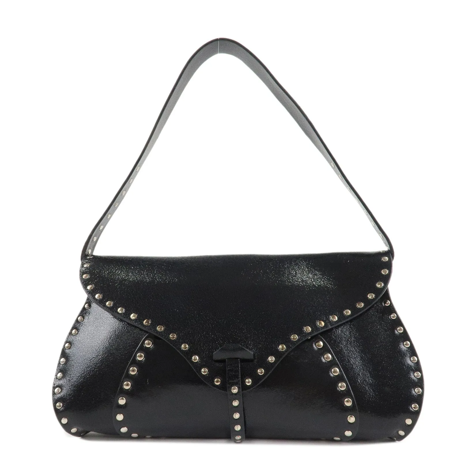 CELINE Leather Studs Shoulder Bag Hand Bag Black Silver HDW Used