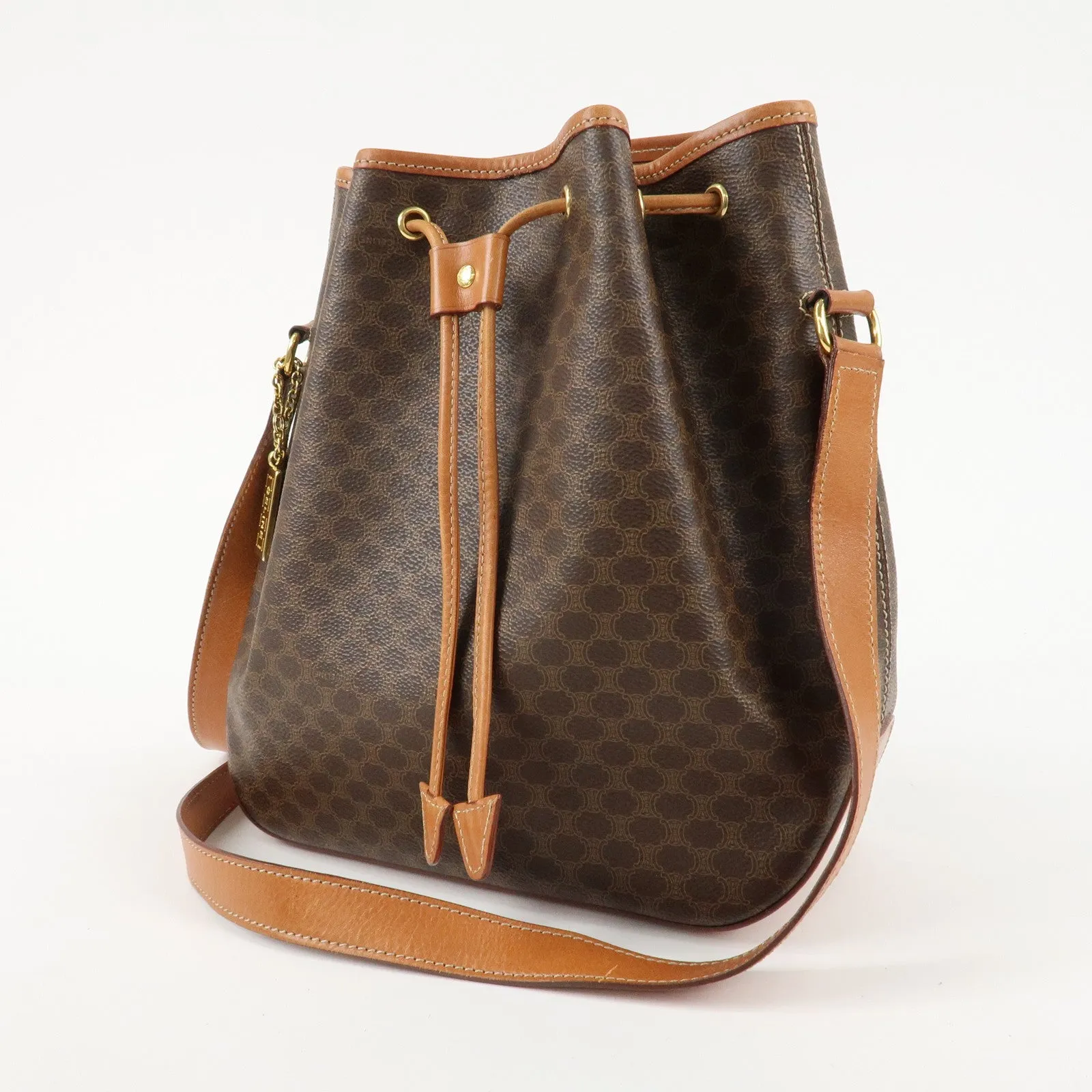 CELINE Macadam PVC Leather Drawstring Shoulder Bag Brown Used