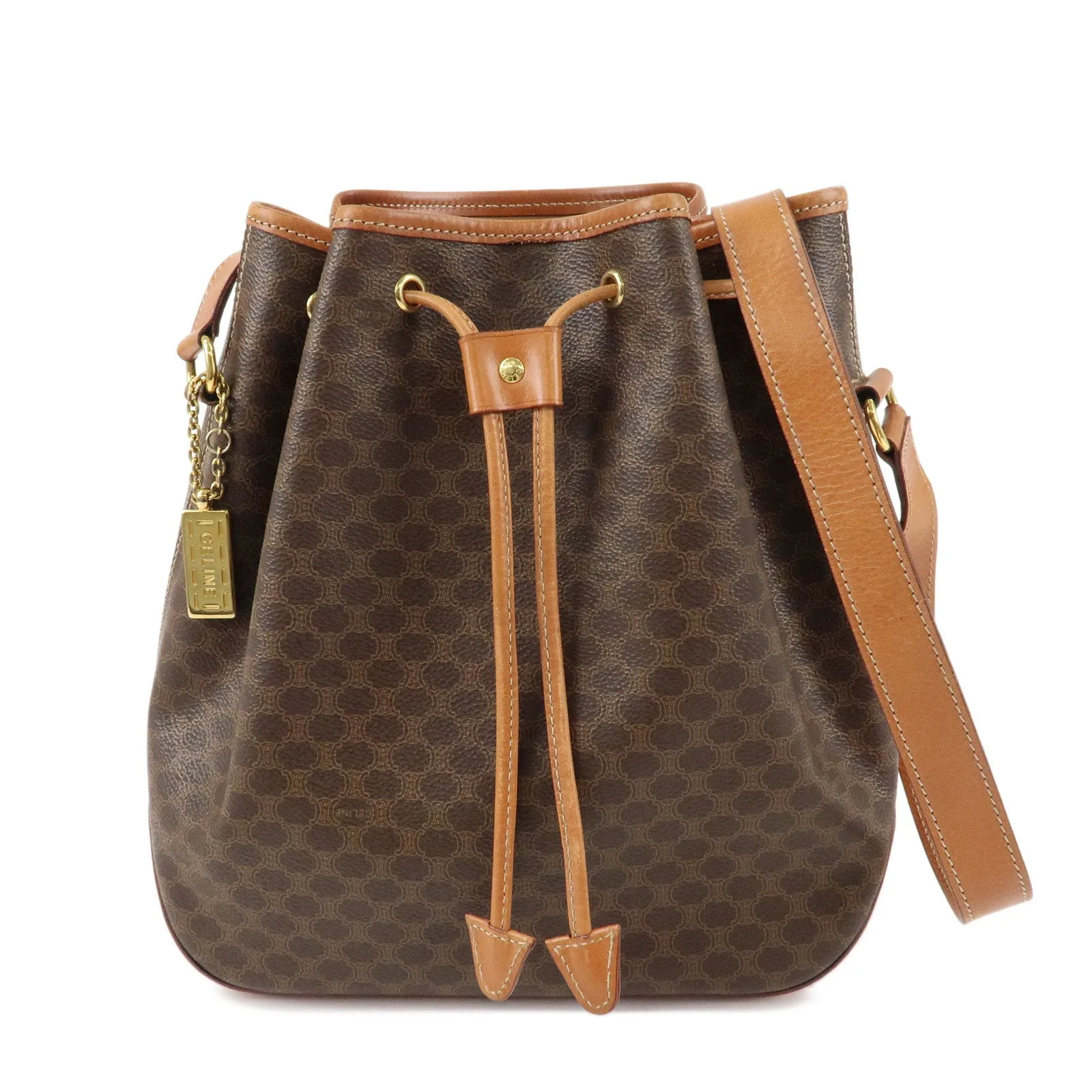 CELINE Macadam PVC Leather Drawstring Shoulder Bag Brown Used