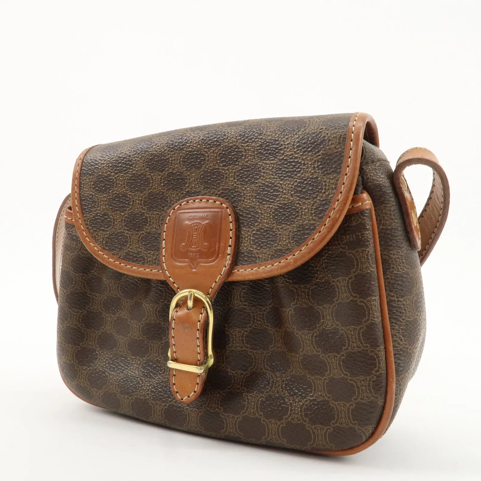 CELINE Macadam PVC Leather Shoulder Bag Brown Used