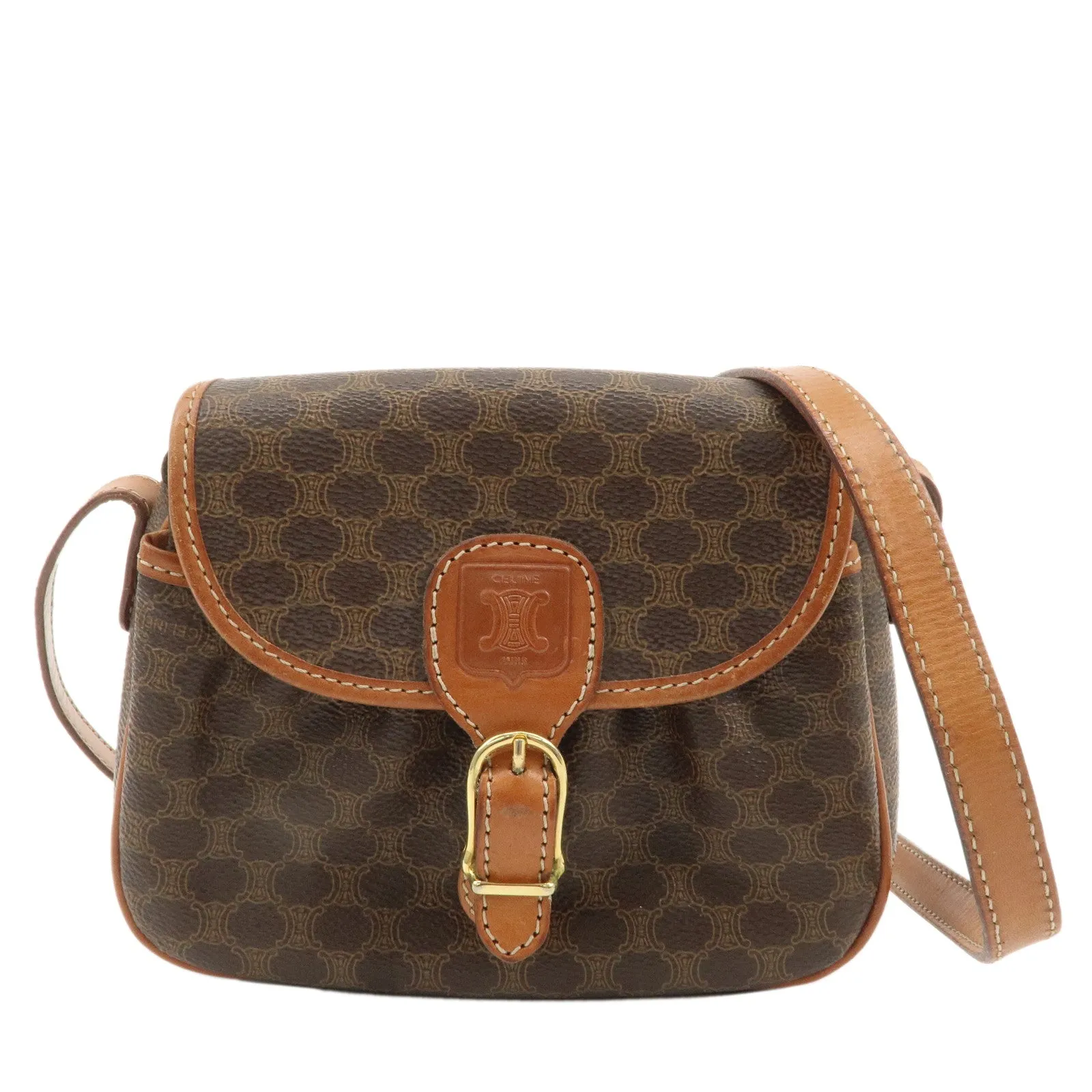 CELINE Macadam PVC Leather Shoulder Bag Brown Used