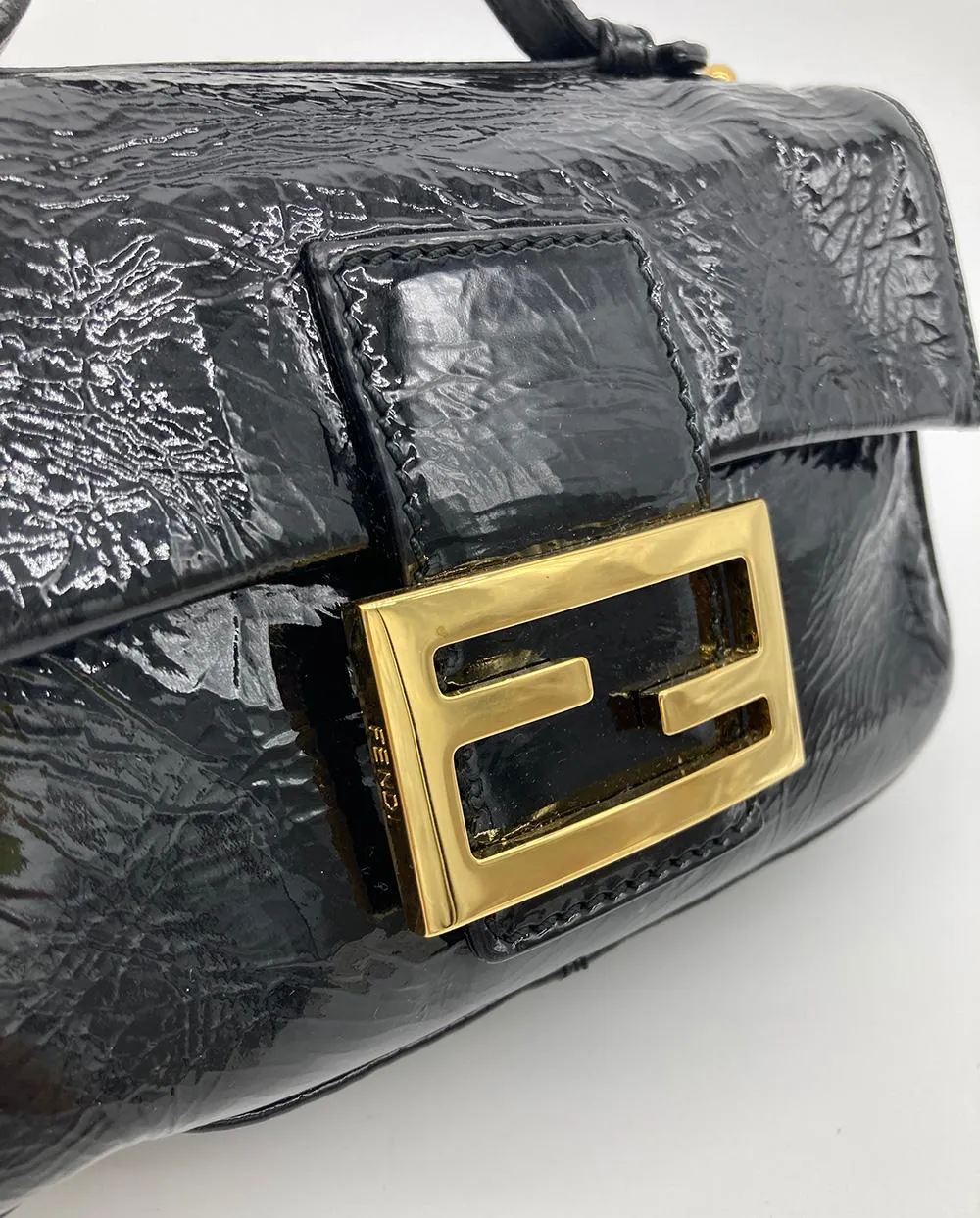 FENDI Black Patent and Silk Zucca Double Mini Baguette