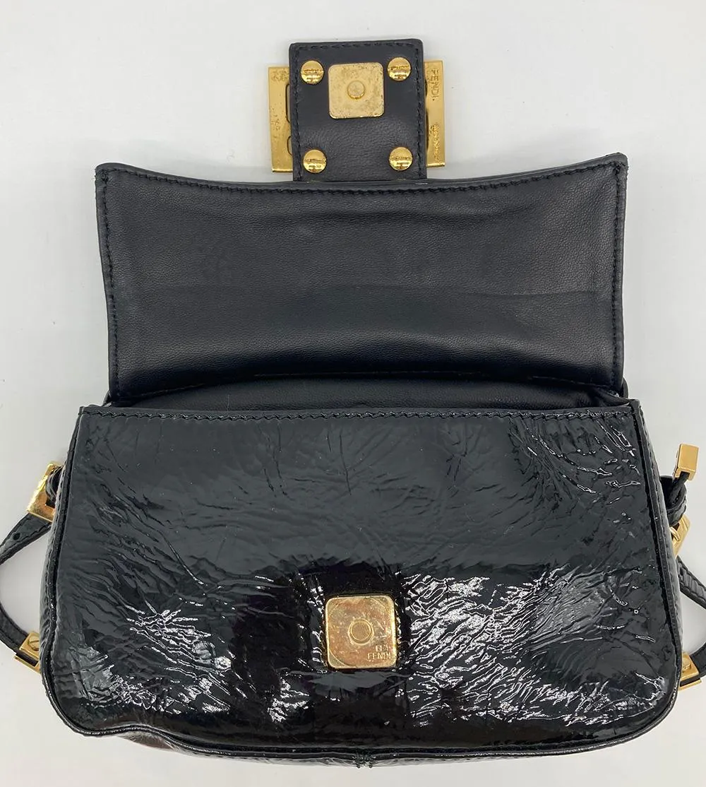 FENDI Black Patent and Silk Zucca Double Mini Baguette