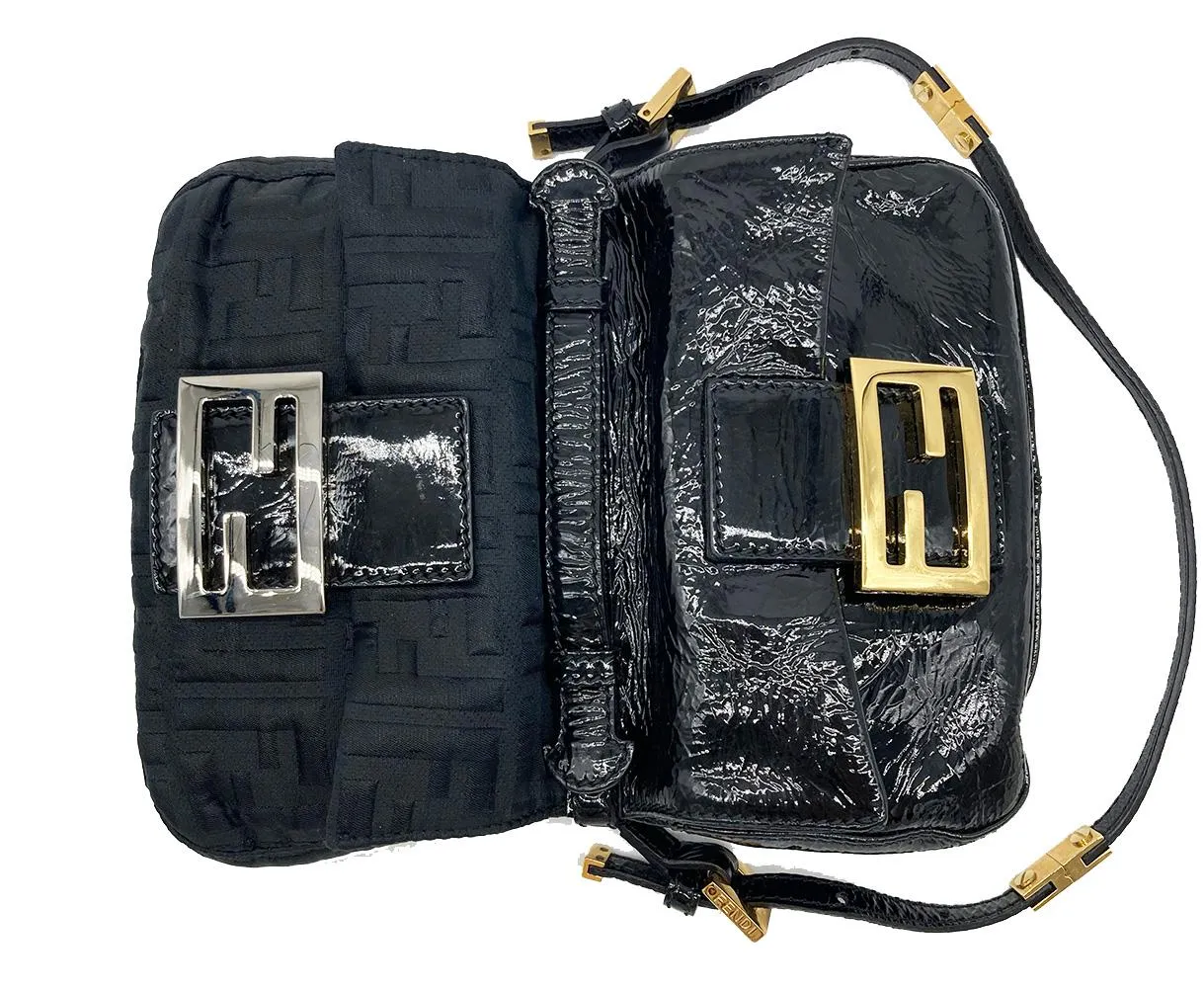 FENDI Black Patent and Silk Zucca Double Mini Baguette
