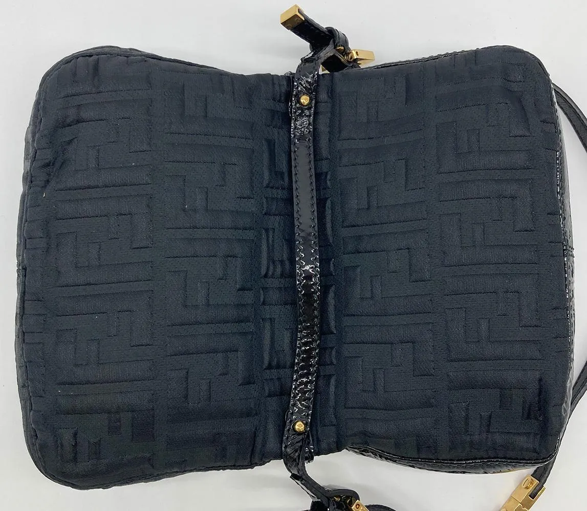 FENDI Black Patent and Silk Zucca Double Mini Baguette