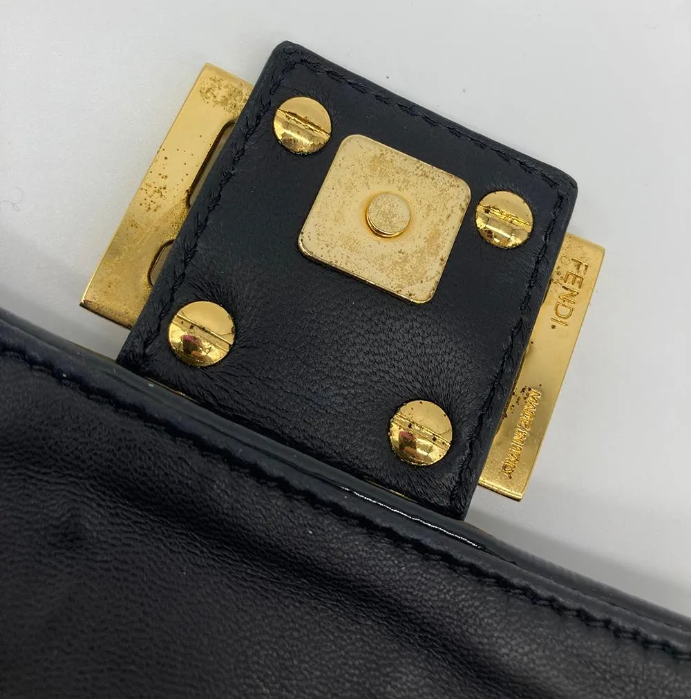 FENDI Black Patent and Silk Zucca Double Mini Baguette