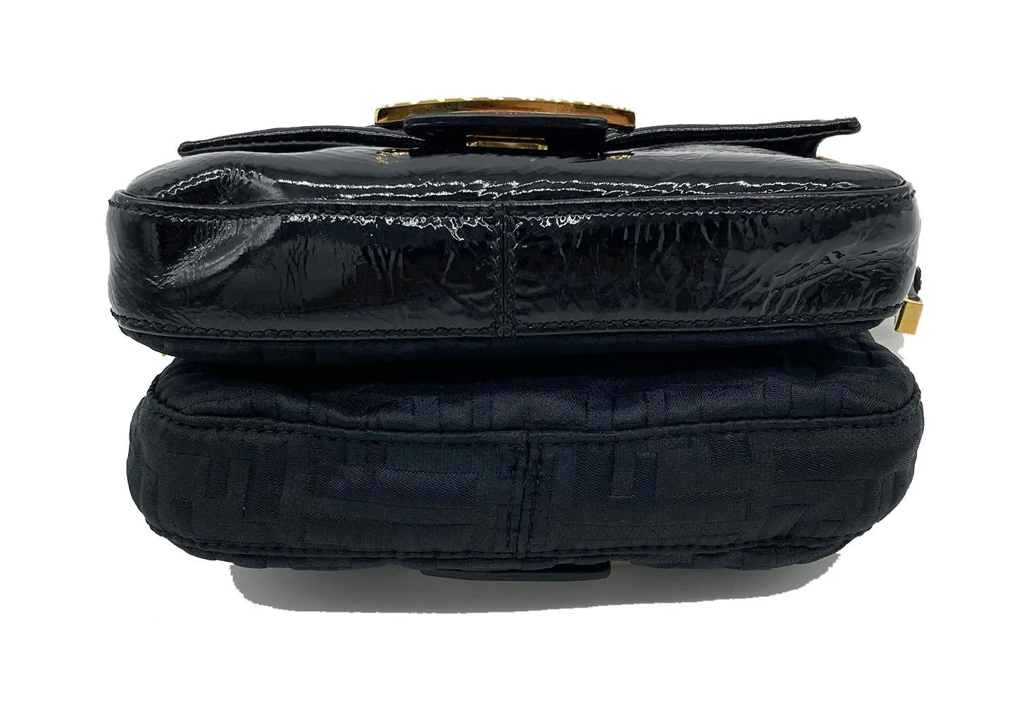 FENDI Black Patent and Silk Zucca Double Mini Baguette