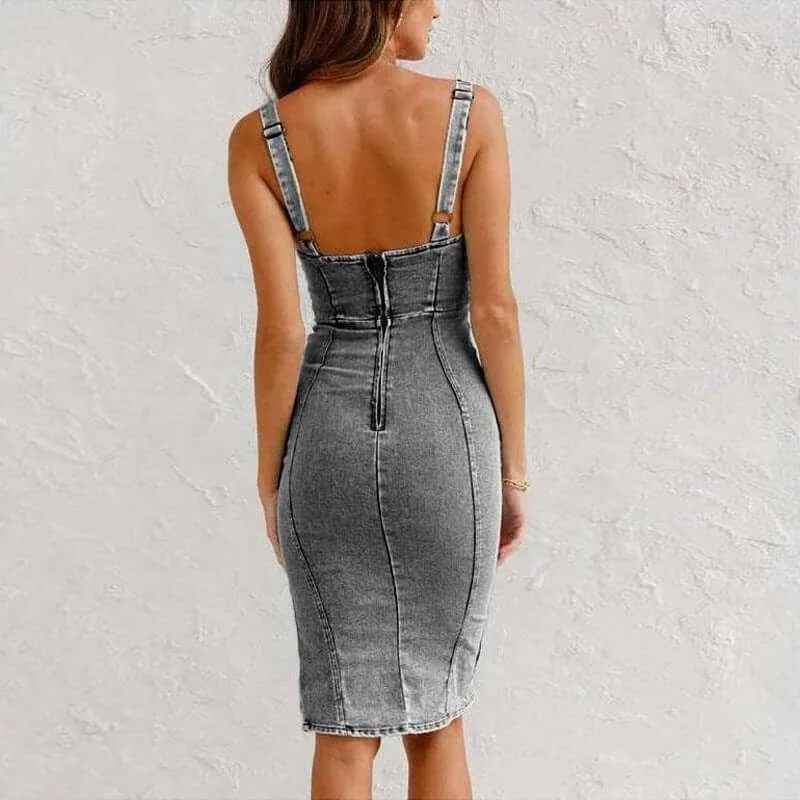 Glow Chic's Casual U-neck Suspender Denim Dress