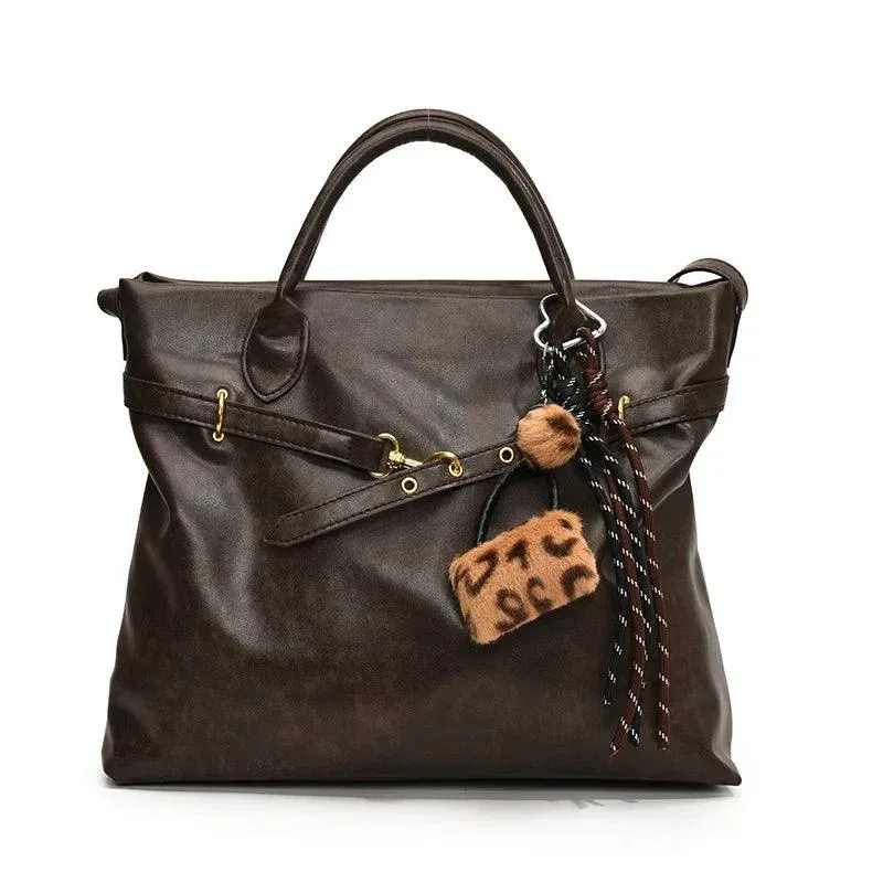 Large Leather Tote Bags Women Zipper Tassel Faux Fur Accessories Zipper Handbags