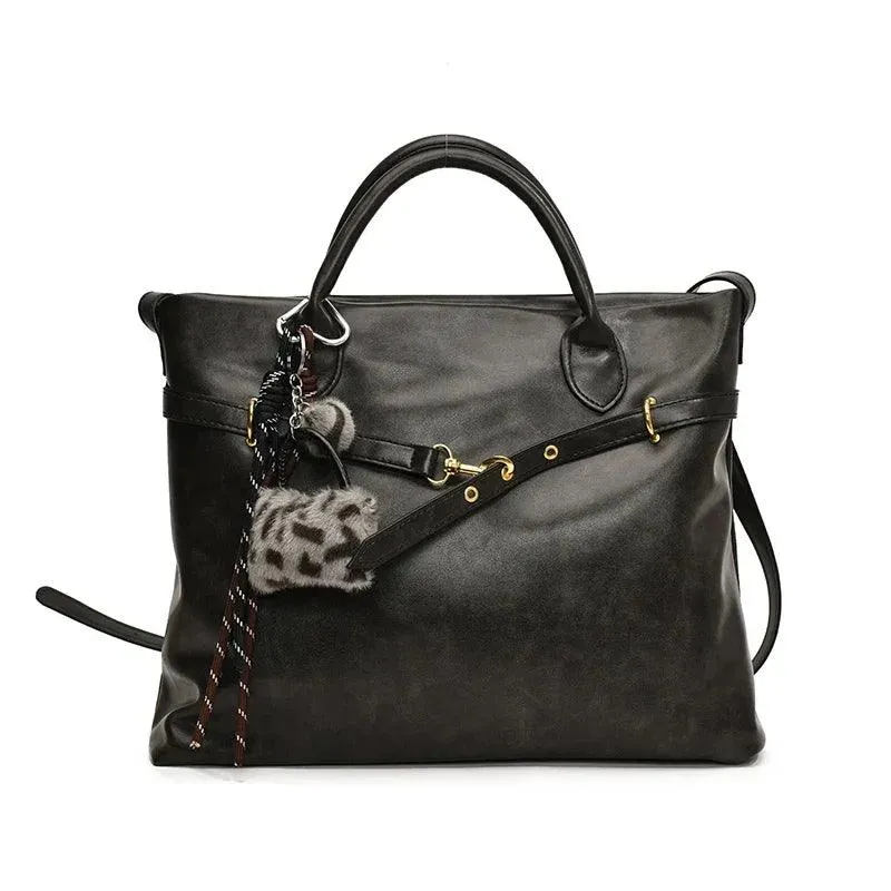 Large Leather Tote Bags Women Zipper Tassel Faux Fur Accessories Zipper Handbags