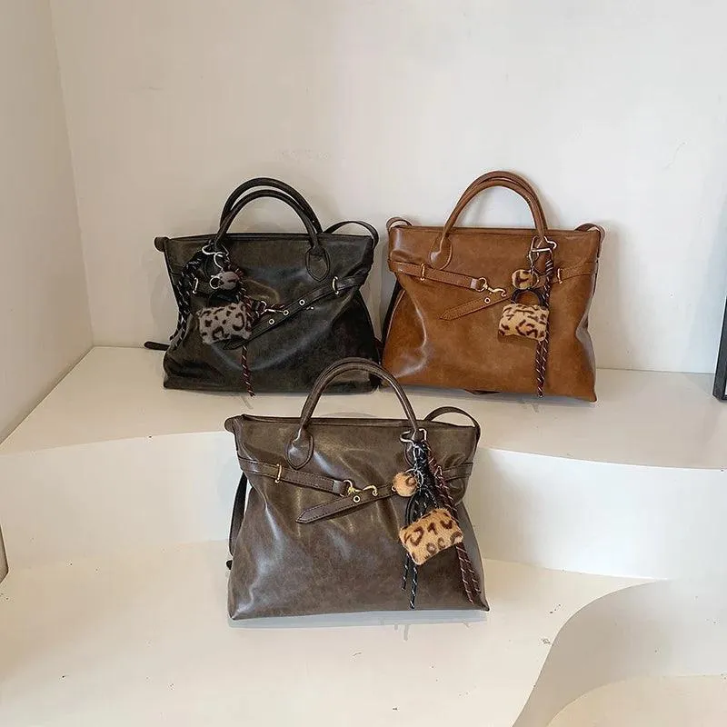Large Leather Tote Bags Women Zipper Tassel Faux Fur Accessories Zipper Handbags