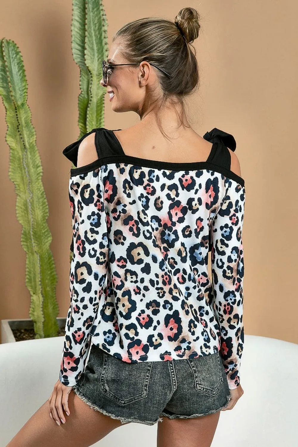 Leopard Shoulder Tie Long Sleeve Top by BiBi