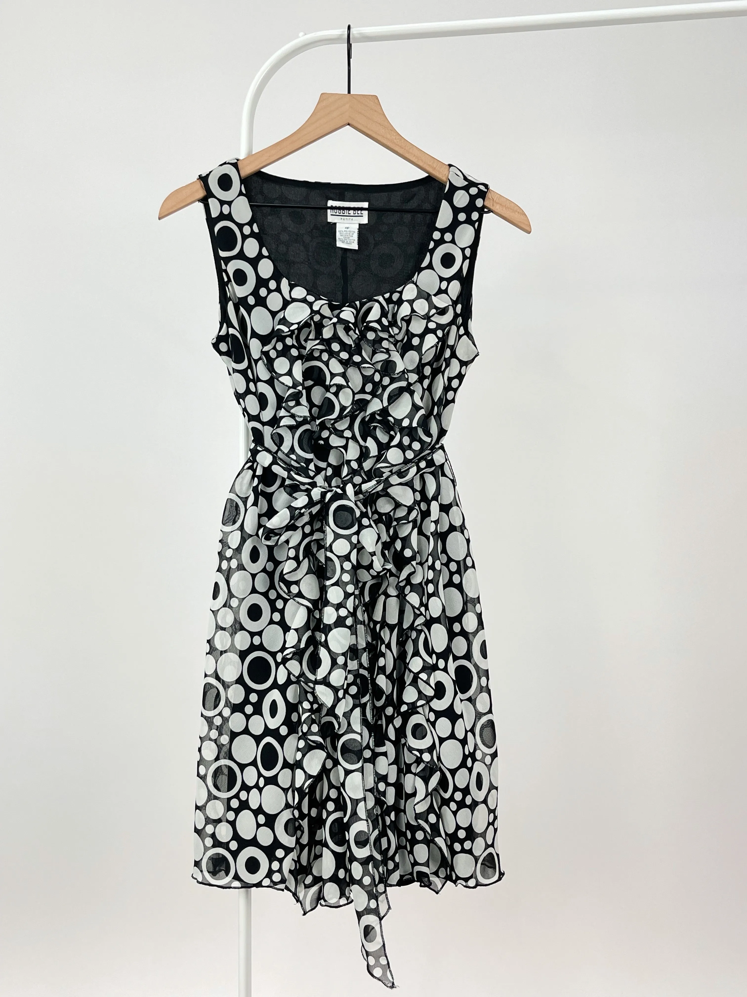 Polka Dot Tie Waist Ruffle Mini Dress (S)