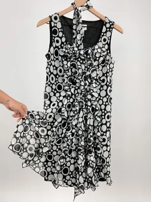 Polka Dot Tie Waist Ruffle Mini Dress (S)