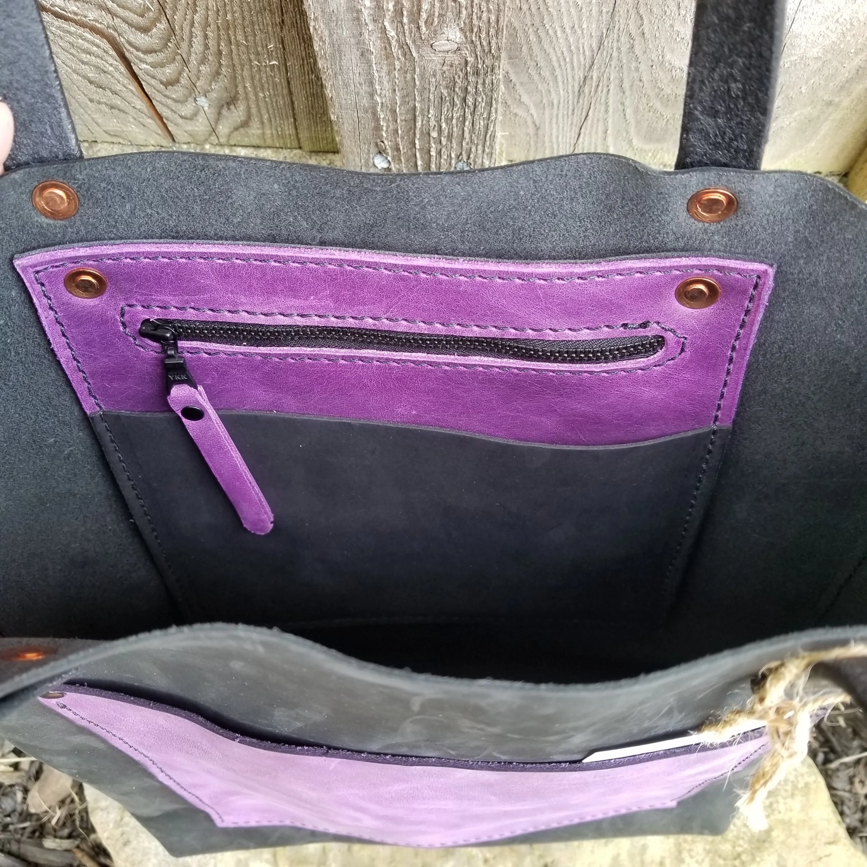 Purple & Black Leather Tote Bag with Pockets