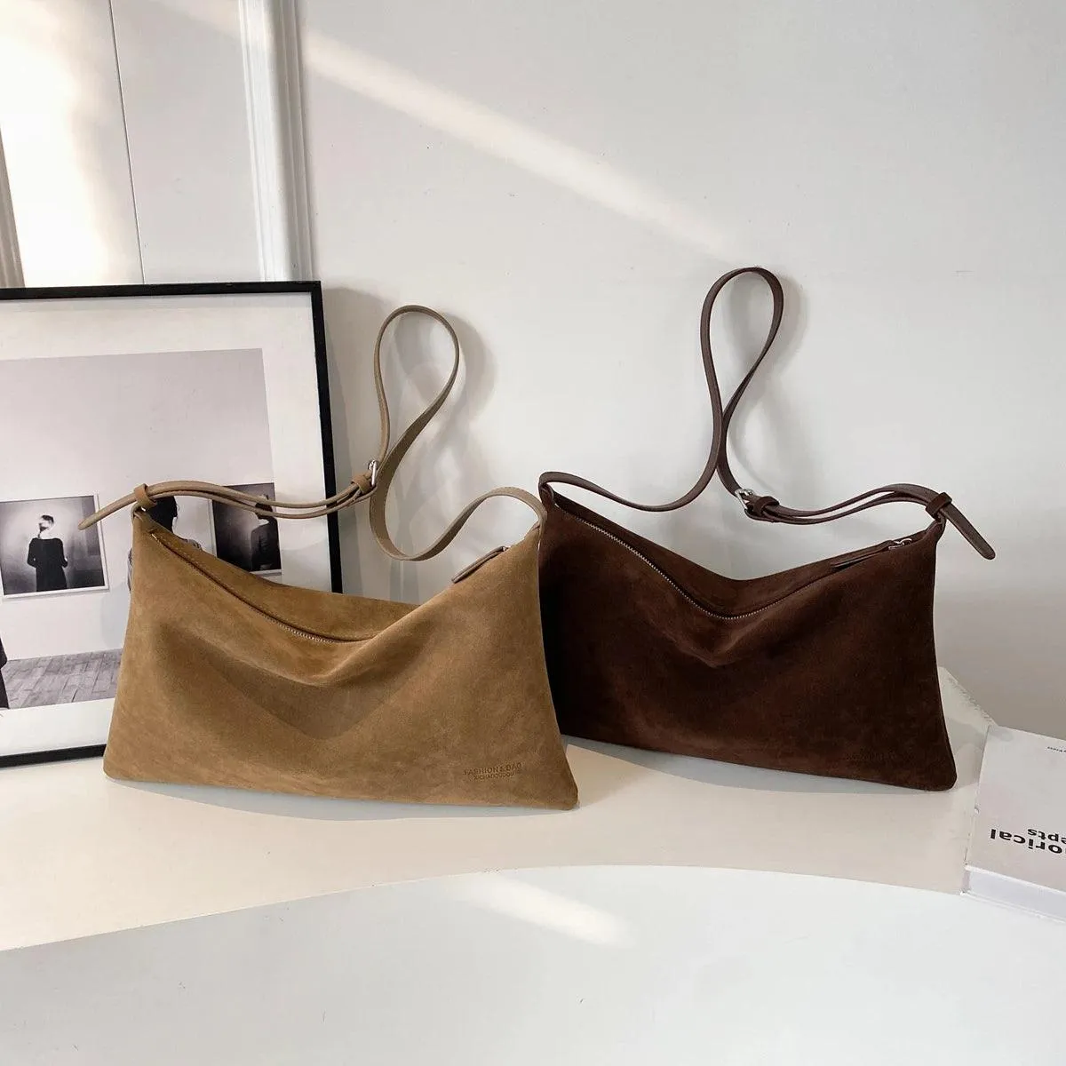 Shoulder Bags Soft Velvet Leather Women's Large Matte Zipper Crossbody Purses