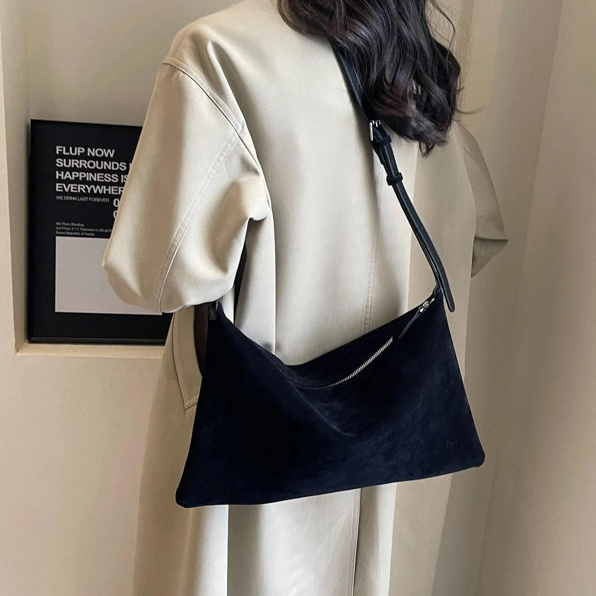 Shoulder Bags Soft Velvet Leather Women's Large Matte Zipper Crossbody Purses