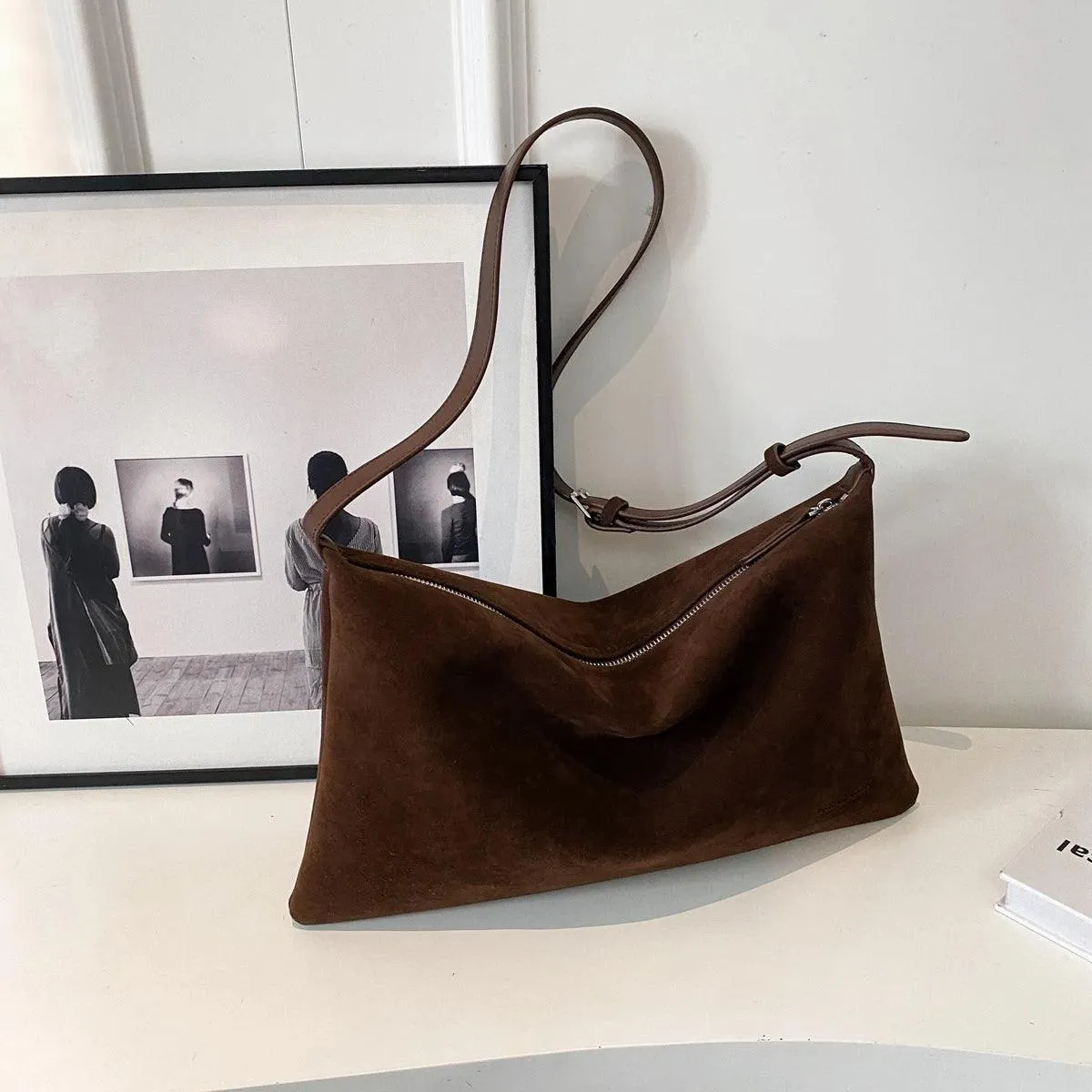 Shoulder Bags Soft Velvet Leather Women's Large Matte Zipper Crossbody Purses