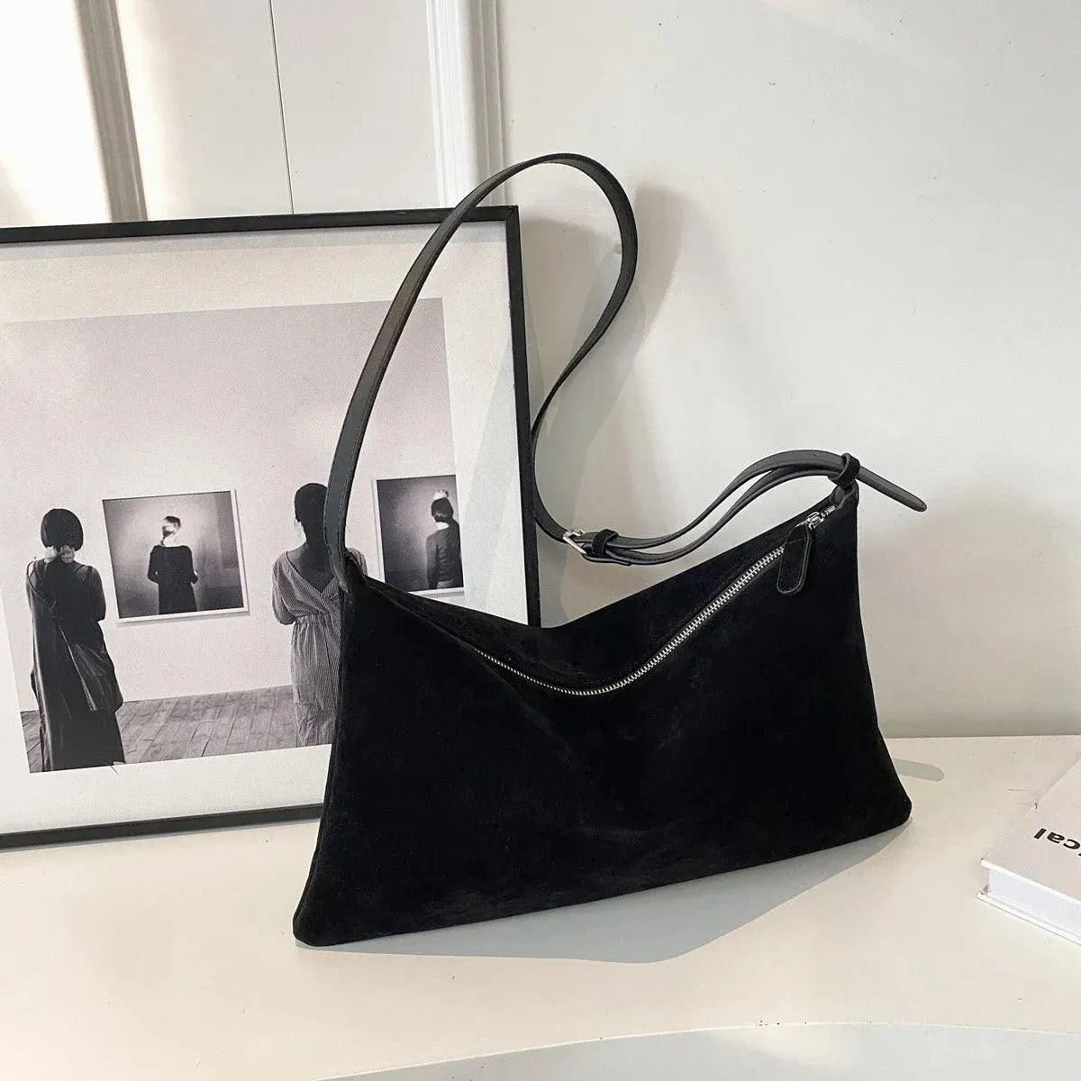 Shoulder Bags Soft Velvet Leather Women's Large Matte Zipper Crossbody Purses