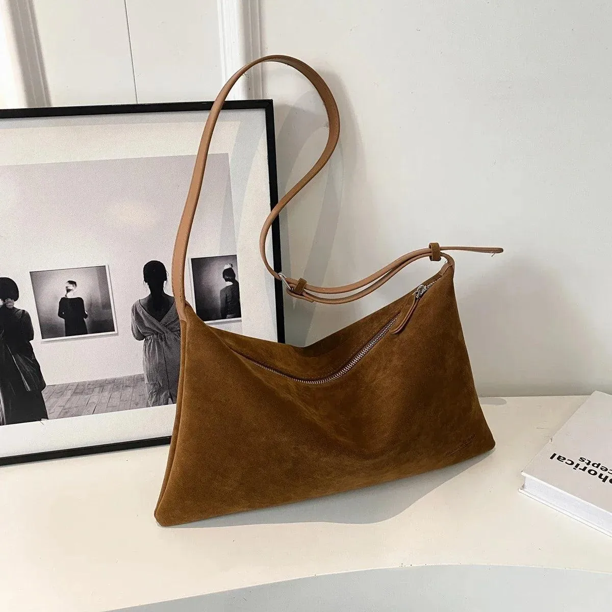 Shoulder Bags Soft Velvet Leather Women's Large Matte Zipper Crossbody Purses