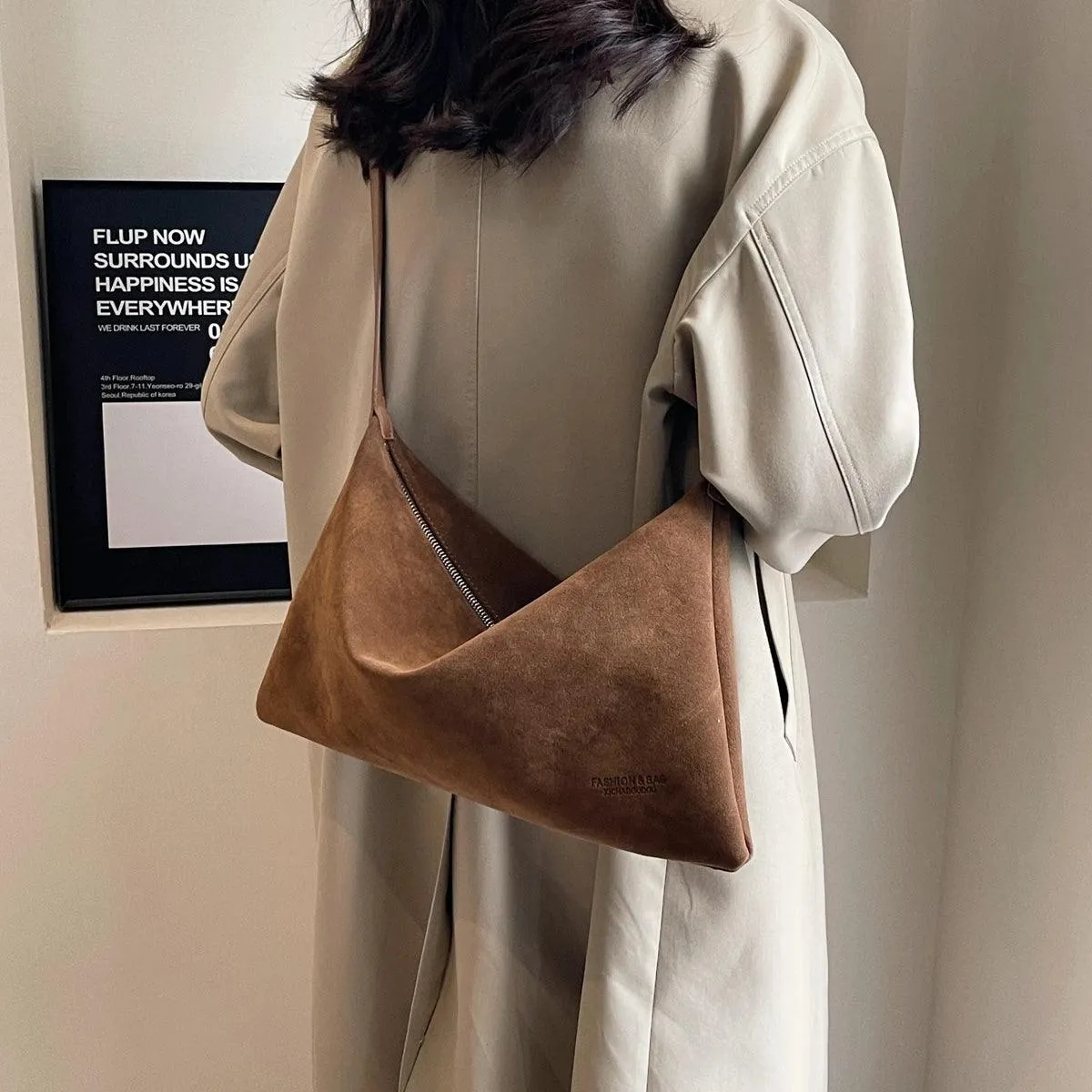 Shoulder Bags Soft Velvet Leather Women's Large Matte Zipper Crossbody Purses