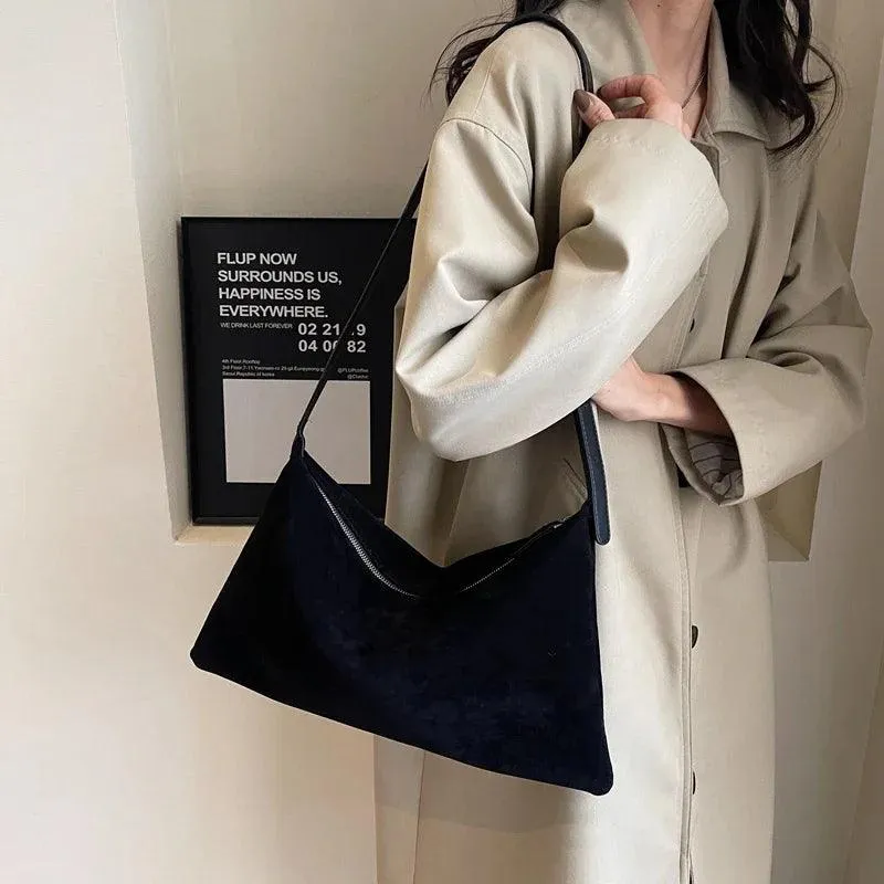 Shoulder Bags Soft Velvet Leather Women's Large Matte Zipper Crossbody Purses