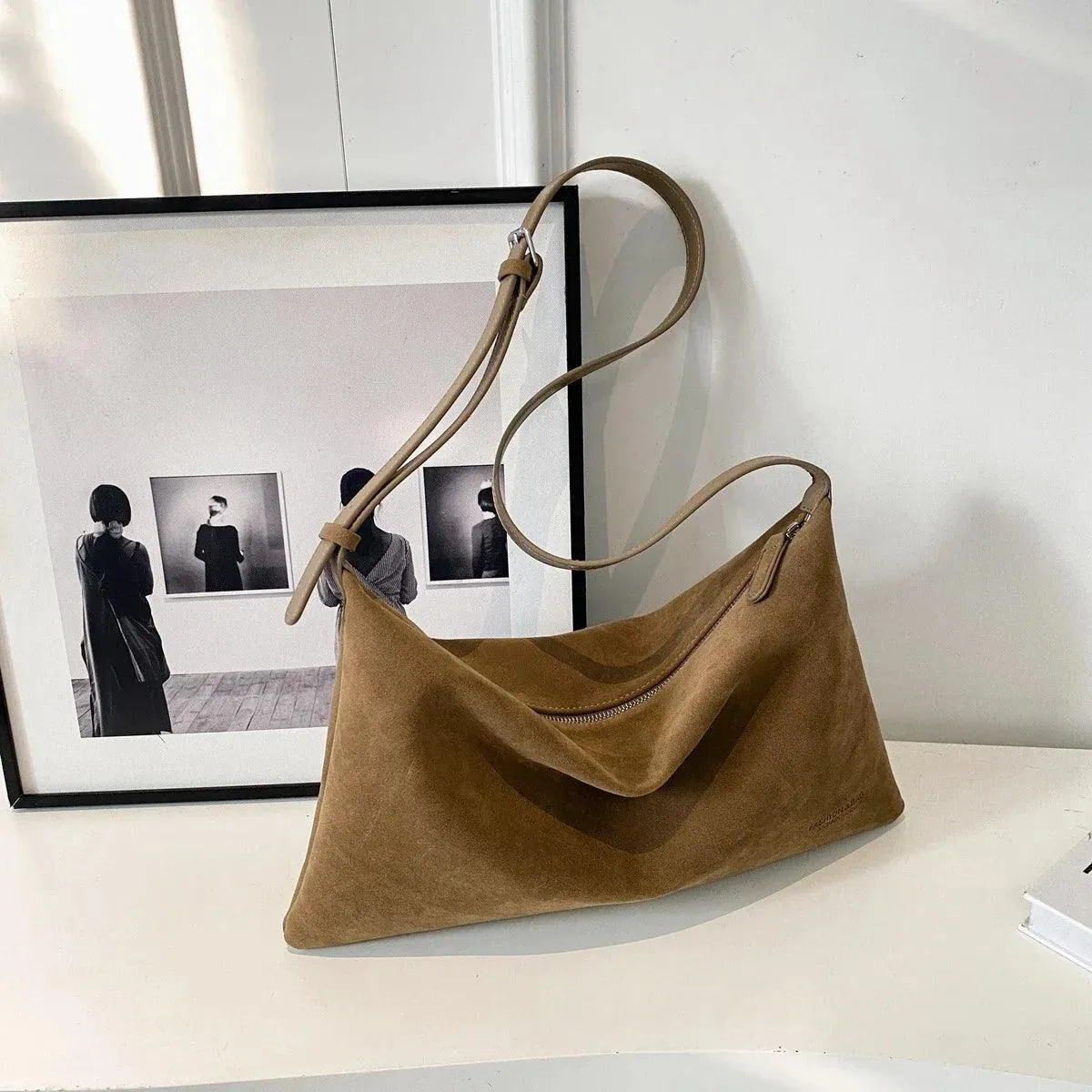 Shoulder Bags Soft Velvet Leather Women's Large Matte Zipper Crossbody Purses