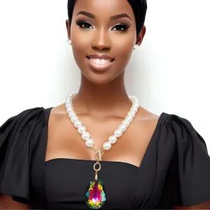 Toggle Pearl Pink Green Teardrop Necklace
