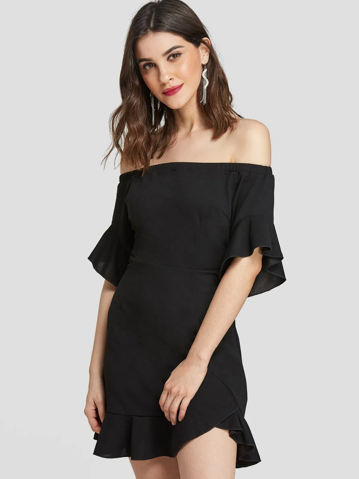Wholesale Black Off The Shoulder Short Sleeve Backless Flounced Hem Mini Dresses