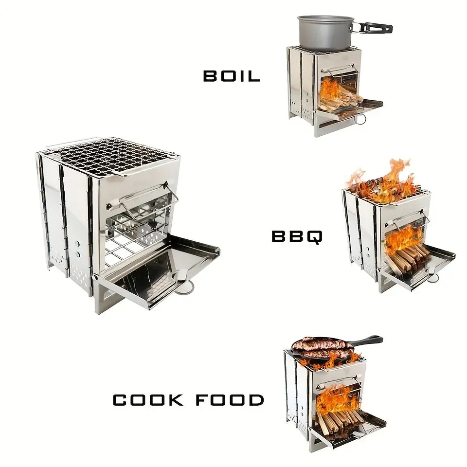 Wood Stove Portable Foldable Stainless Steel Camping Stove with Mini Charcoal Grill Lightweight Barbecue Grill