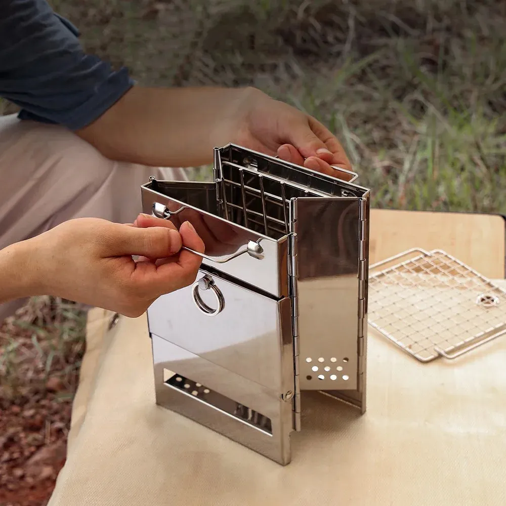 Wood Stove Portable Foldable Stainless Steel Camping Stove with Mini Charcoal Grill Lightweight Barbecue Grill