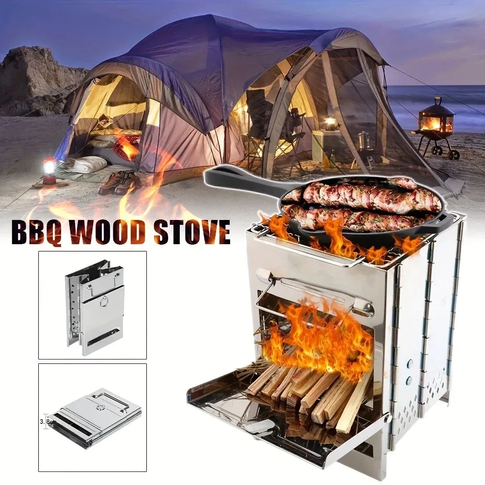 Wood Stove Portable Foldable Stainless Steel Camping Stove with Mini Charcoal Grill Lightweight Barbecue Grill
