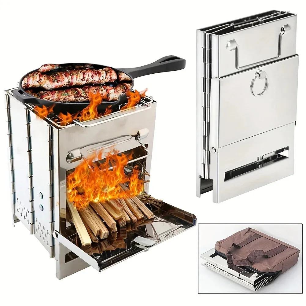 Wood Stove Portable Foldable Stainless Steel Camping Stove with Mini Charcoal Grill Lightweight Barbecue Grill