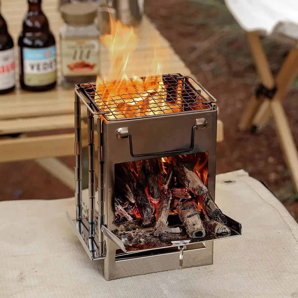 Wood Stove Portable Foldable Stainless Steel Camping Stove with Mini Charcoal Grill Lightweight Barbecue Grill